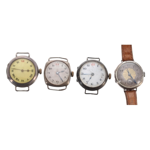 578 - Four silver ladies wire-lug wristwatches for repair, 26mm, 28mm, 24mm, 28mm (three lacking straps)... 