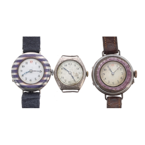 580 - Silver and purple enamel wire-lug lady's wristwatch for repair, 29mm; together with a silver and blu... 