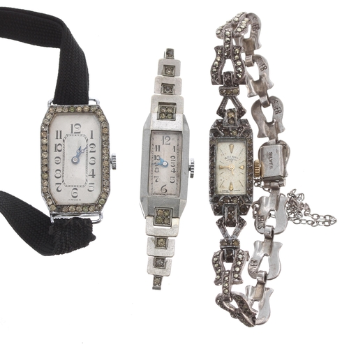 584 - Silver rectangular wire-lug lady's wristwatch, rectangular silvered dial with Arabic numerals and in... 