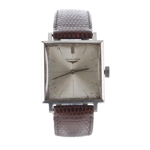 587 - Longines square cased stainless steel gentleman's wristwatch, case ref. 7730-1, serial no. 13790187,... 