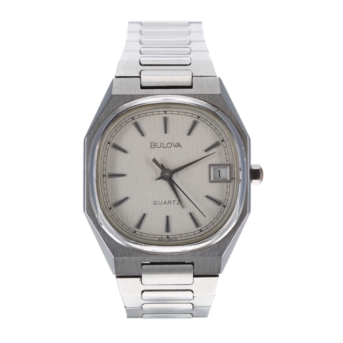 590 - Bulova Quartz stainless steel gentleman's wristwatch in need of repair, with original bracelet, 32mm... 