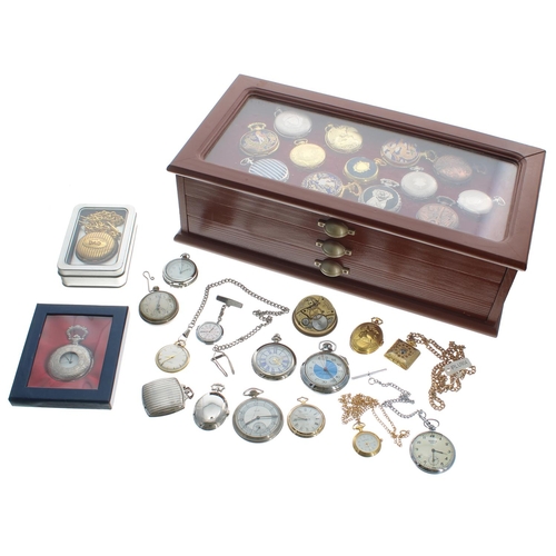 689 - Collection of forty modern quartz pocket watches contained within a three drawer chest; together wit... 