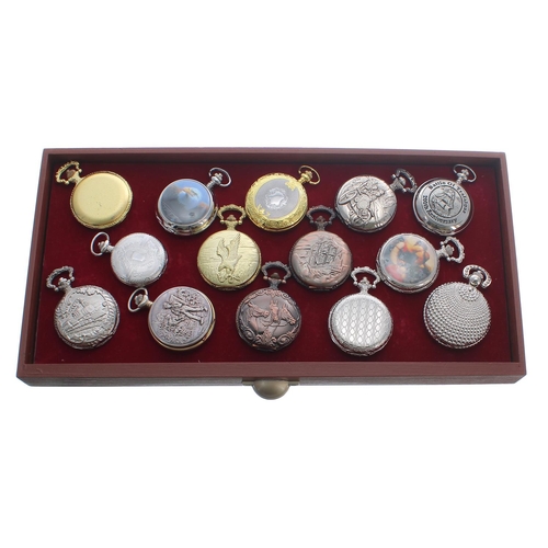 689 - Collection of forty modern quartz pocket watches contained within a three drawer chest; together wit... 