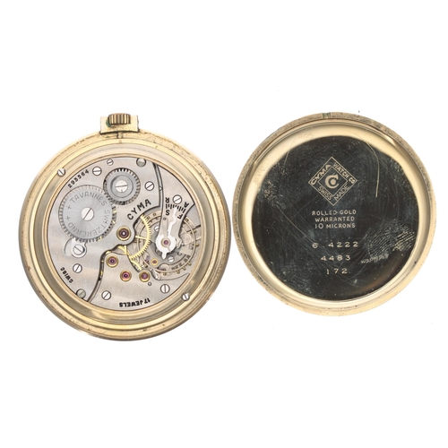 693 - Cyma rolled gold lever dress pocket watch, signed 17 jewel movement, no. 293564, signed dial with ap... 