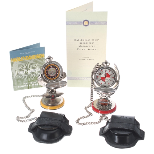 697 - Franklin Mint Harley Davidson Sportster hunter pocket watch, quartz, 54mm; with chain, leather pouch... 