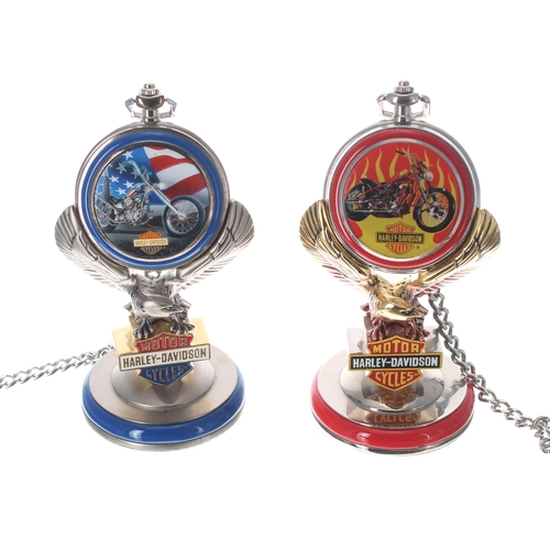 698 - Franklin Mint Harley Davidson Billy Bike hunter pocket watch, quartz, 54mm; with chain, leather pouc... 