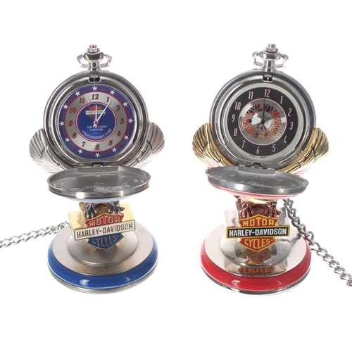 698 - Franklin Mint Harley Davidson Billy Bike hunter pocket watch, quartz, 54mm; with chain, leather pouc... 