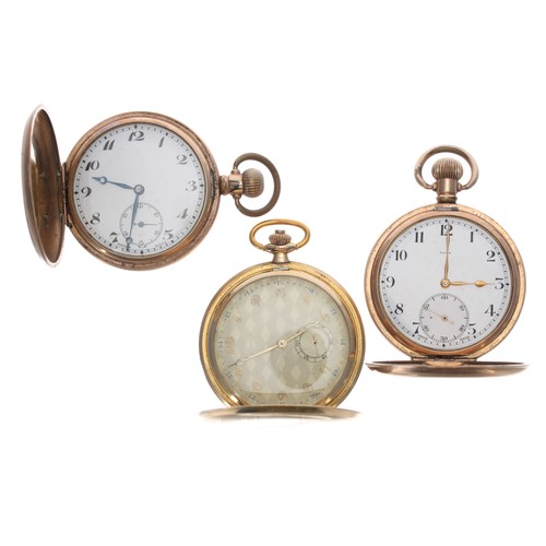 704 - Drusus gold plated lever hunter pocket watch, 51mm; with two other gold plated lever hunter pocket w... 