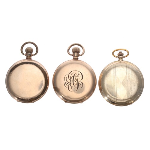 704 - Drusus gold plated lever hunter pocket watch, 51mm; with two other gold plated lever hunter pocket w... 