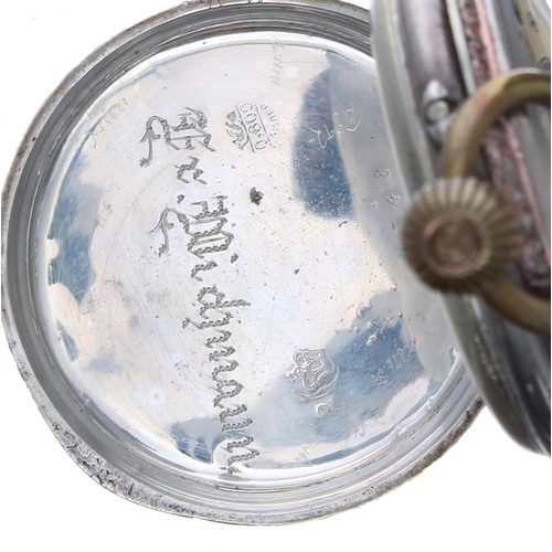 710 - Continental silver (0.800) bar cylinder pocket watch, within an engine turned and engraved case, 46m... 