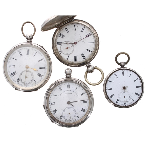 724 - White metal cylinder hunter pocket watch for repair; together with two silver cylinder engine turned... 