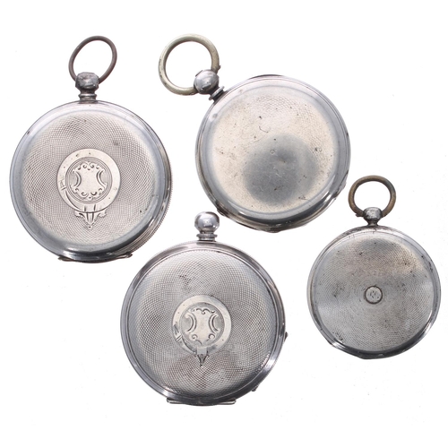 724 - White metal cylinder hunter pocket watch for repair; together with two silver cylinder engine turned... 