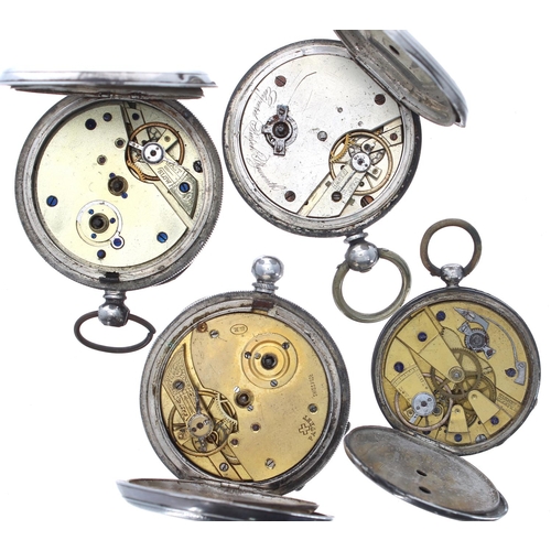 724 - White metal cylinder hunter pocket watch for repair; together with two silver cylinder engine turned... 