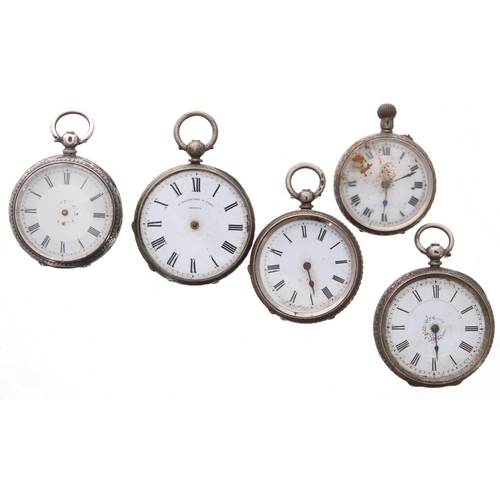 730 - Five silver cylinder engraved fob watches for repair