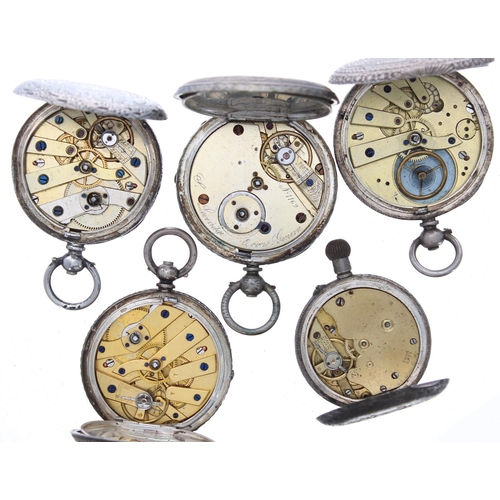 730 - Five silver cylinder engraved fob watches for repair