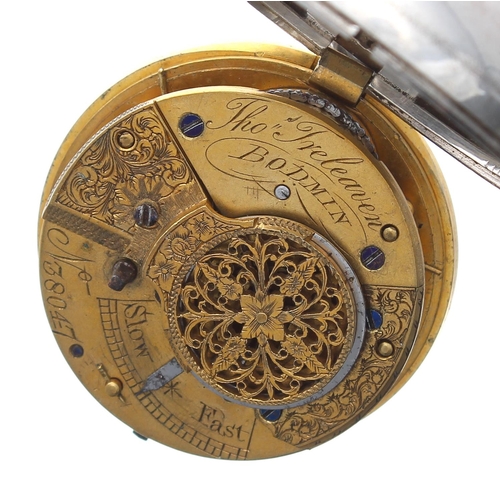 743 - Silver verge pair cased pocket watch for repair, London 1856, the fusee movement signed Thos Treleve... 