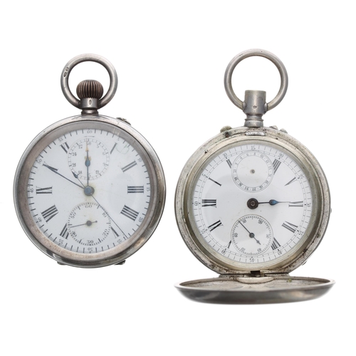 764 - Silver (0.800) chronograph lever hunter engine turned pocket watch for repair, 51mm; together with a... 