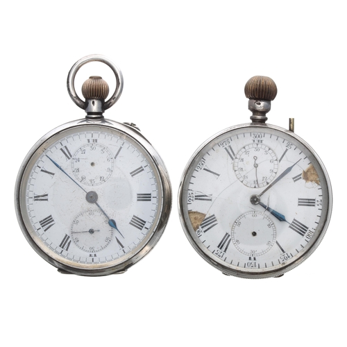 765 - Two silver (0.800 and 0.935) chronograph lever pocket watches for repair or spares, 49mm and 50mm... 