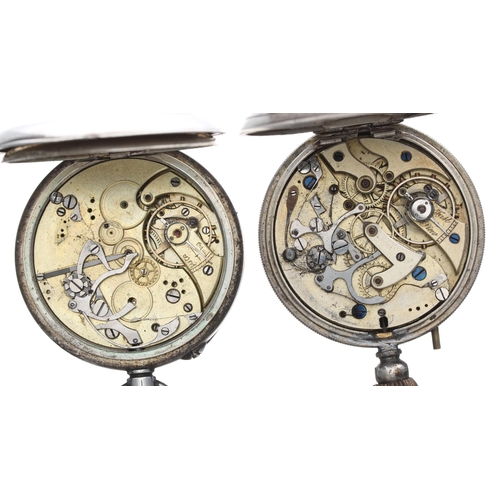 765 - Two silver (0.800 and 0.935) chronograph lever pocket watches for repair or spares, 49mm and 50mm... 