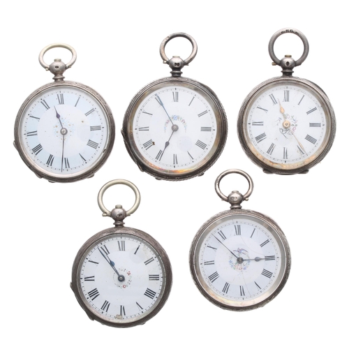 766 - Five silver cylinder engraved fob watches principally for repair