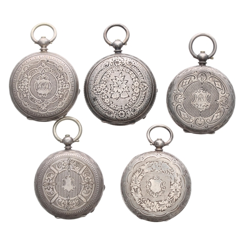 766 - Five silver cylinder engraved fob watches principally for repair