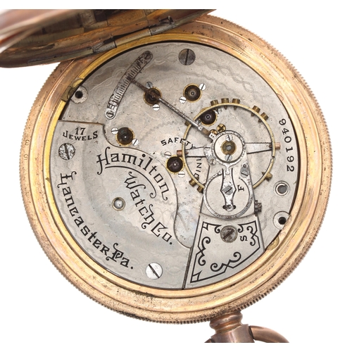 768 - Hamilton gold plated pocket watch for repair, signed 17 jewel movement with compensated balance, sil... 