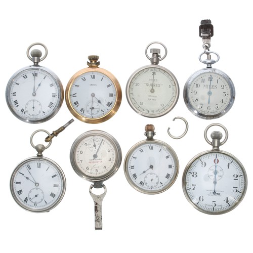 778 - Venner Limited nickel cased pocket stopwatch (working order); three pocket pedometers and four pocke... 