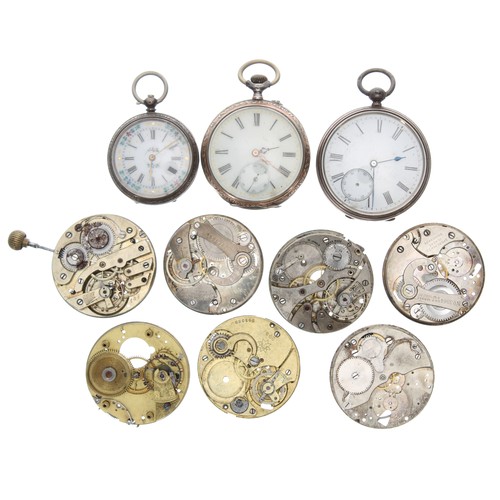 780 - Three silver/white metal pocket watches for repair; also seven assorted pocket watch movements (7)... 