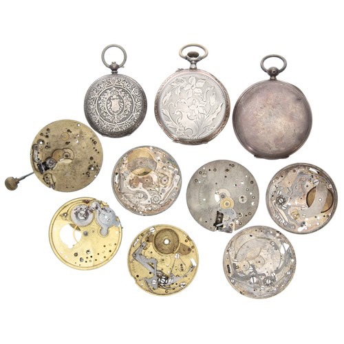 780 - Three silver/white metal pocket watches for repair; also seven assorted pocket watch movements (7)... 