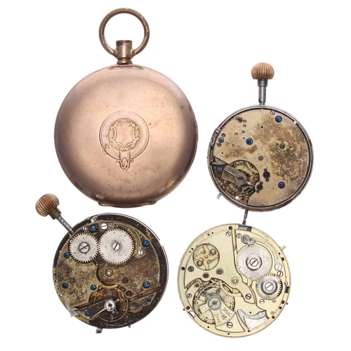 799 - Three repeating pocket watch movements for spares or repair; together with a gold plated hunter repe... 