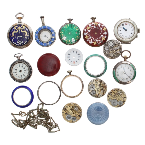 807 - Assorted enamel fob watches for spares or repair, cases and case parts, movements etc... 