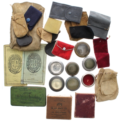 810 - Quantity of pocket watch protective cases, pouches, two boxes and two British Watch and Clockmakers'... 