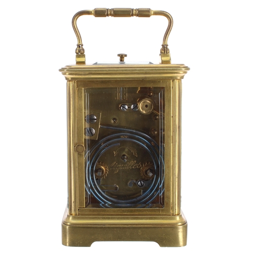 1125 - Small French repeater carriage clock striking on a gong, the back plate inscribed Just, no. 21129, w... 