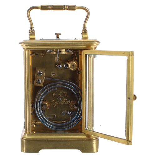 1125 - Small French repeater carriage clock striking on a gong, the back plate inscribed Just, no. 21129, w... 