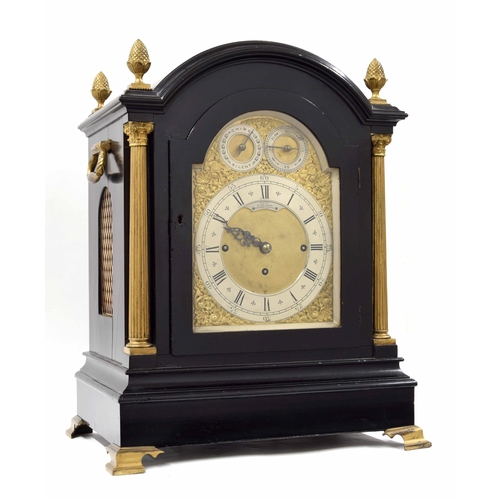 1154 - Good English triple fusee ebonised and ormolu mounted boardroom clock, the 7.5