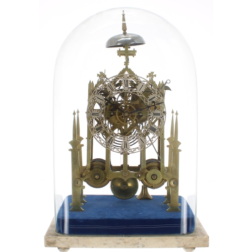 1268 - Good brass double fusee skeleton mantel clock striking on a gong and bells (missing), the 6.5