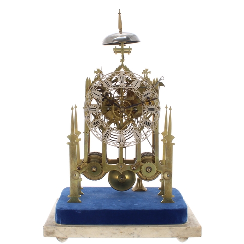 1268 - Good brass double fusee skeleton mantel clock striking on a gong and bells (missing), the 6.5