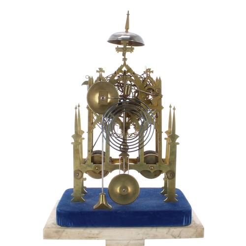 1268 - Good brass double fusee skeleton mantel clock striking on a gong and bells (missing), the 6.5