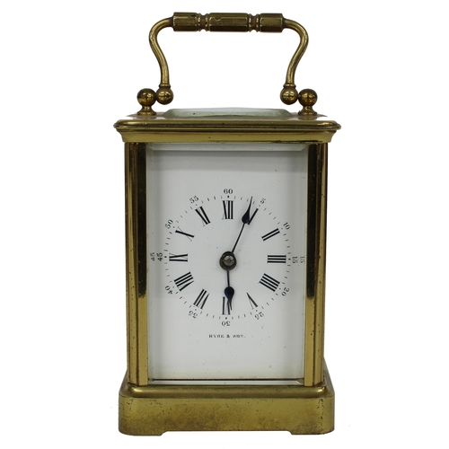 1141 - French carriage clock timepiece, the dial signed Hyde & Son, within a corniche brass case, 6