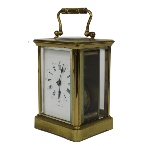 1141 - French carriage clock timepiece, the dial signed Hyde & Son, within a corniche brass case, 6