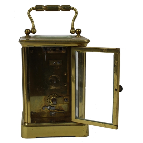 1141 - French carriage clock timepiece, the dial signed Hyde & Son, within a corniche brass case, 6