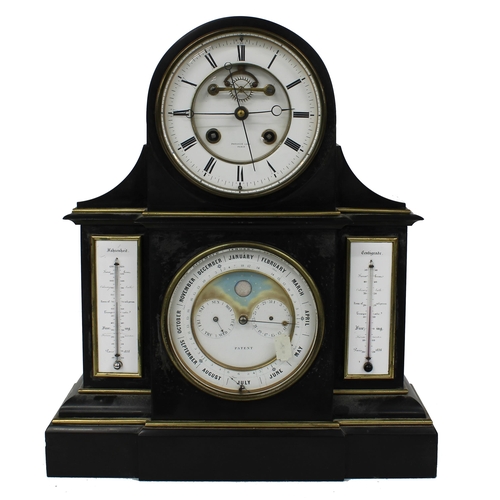 1255 - Good French black marble two train calendar mantel clock striking on a bell, the 5.25