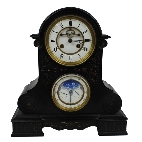 1256 - Good French black marble two train calendar mantel clock striking on a bell, the 5.5