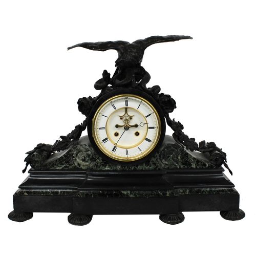 1257 - Good French black and green marble and bronze two train drumhead mantel clock, the Japy Freres movem... 