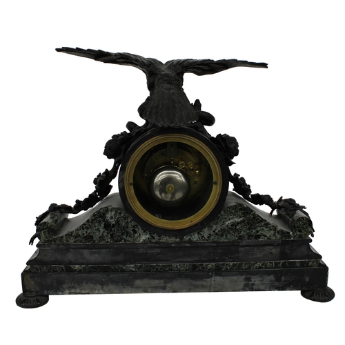 1257 - Good French black and green marble and bronze two train drumhead mantel clock, the Japy Freres movem... 