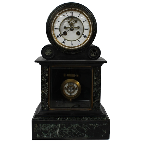 1271 - Good French black and green marble drumhead two train mantel clock, the S. Marti movement with outsi... 