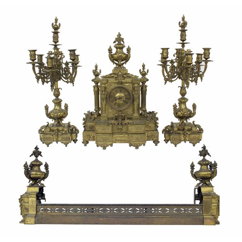 1235 - Large and impressive solid French brass two train mantel clock garniture with matching fire dogs and... 