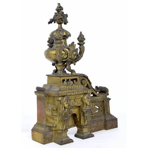 1235 - Large and impressive solid French brass two train mantel clock garniture with matching fire dogs and... 