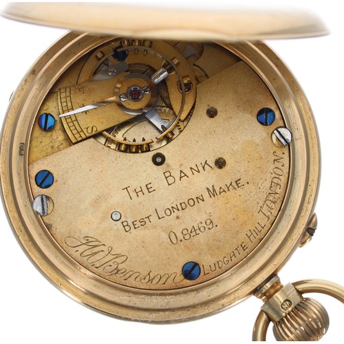 253 - J.W. Benson 18ct lever half hunter pocket watch, London 1926, the 'bank' three-quarter signed moveme... 