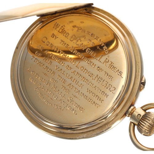 253 - J.W. Benson 18ct lever half hunter pocket watch, London 1926, the 'bank' three-quarter signed moveme... 